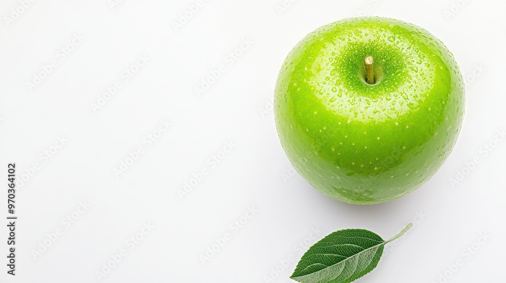 Canvas Prints Fresh Green Apple with Water Drops and Leaf on White Background