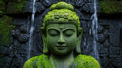 Fototapeta premium Waterfall cascading over ancient stone carvings, with moss and vines covering the sculptures, waterfall cascade, ancient mystery aesthetic
