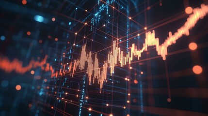 A financial network diagram integrated with robotic software calculating profit margins in stock trading