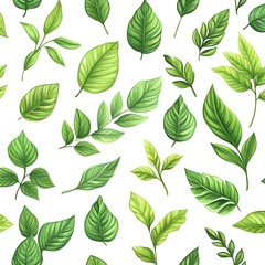Seamless Pattern of Diverse Fresh and Lush Leaves on White Background