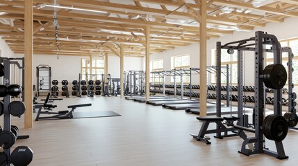 Fototapeta premium Modern Gym Interior with Exposed Wooden Beams and Weight Lifting Equipment
