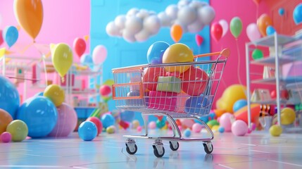 Dynamic 3d shopping cart promotional scene featuring colorful products and engaging visual elements, ideal for e-commerce marketing, retail campaigns, and online shopping promotions.



