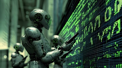 Fototapeta premium A complex visual of robotic systems managing financial risk and trading volatility in stock markets