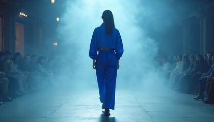 East Asian model in cobalt blue cropped jacket and wide-leg pants walks surreal runway. Cinematic lighting, mist, and urban details create dreamlike atmosphere. Hyper-realistic textures and shadows.