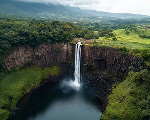 Waterfall cascading into a volcanic crater, with steam rising from the heated water, waterfall cascade, volcanic landscape aesthetic