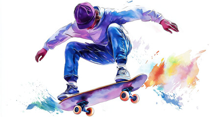 A vibrant illustration of a skateboarder performing an impressive trick in the air, surrounded by colorful splashes.