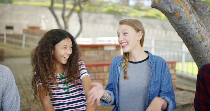 Teenagers, students or laughing in break on high school, college or academy campus for storytelling, bonding or recess. Smile, joke and funny group of diversity friends, girls and gen z boys talking
