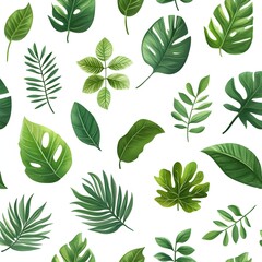 Seamless Pattern of Fresh and Vibrant Natural Leaves on Plain White Background