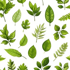 Seamless pattern of vibrant and diverse green leaves on white background with natural and fresh look