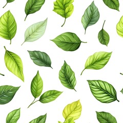 Seamless Nature Pattern with Variety of Fresh Green Leaves on White Background