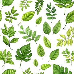 Fototapeta premium Seamless pattern with various green leaves on white background