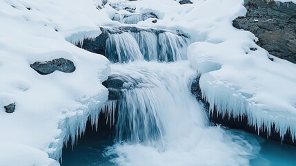 Waterfall cascading through a snowy landscape, with icicles forming along the rocks, waterfall cascade, winter scene aesthetic