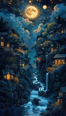 Fototapeta premium Enchanted Waterfall Village Under a Starry Night