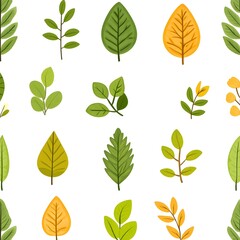 Obraz premium Seamless Natural Foliage Pattern with Fresh Green and Orange Leaves on White Background