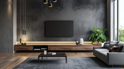 Modern living room with LED TV installed in the cabinet AI generated image