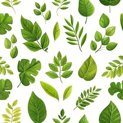 Lush Green Botanical Seamless Pattern with Various Freshly Grown Leaves on White Background