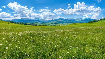 Mountain Meadow with Wildflowers and Blue Sky