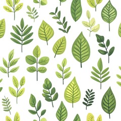 Seamless Pattern of Various Lush and Fresh Green Leaves on Clean White Backdrop