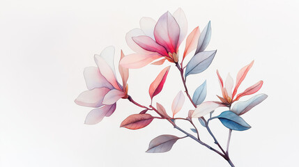 Fototapeta premium A delicate watercolor illustration of pink and blue magnolia flowers on a soft white background, perfect for spring-themed designs.