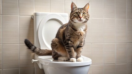 The curious feline surveys its domain, sitting regally on the porcelain throne with tail aloft and paws resting