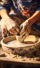 Obraz premium Clay artistry: pottery, practice of molding clay into various forms, blending traditional techniques with modern designs to produce unique, handcrafted ceramics for use and aesthetic enjoyment.