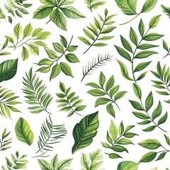 Fototapeta premium Natural Seamless Pattern with Vibrant Lush Botanical Leaves on White Background