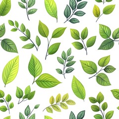 Seamless Natural Pattern with Various Fresh Green Leaves on White Background