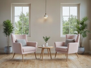 Modern living room two armchairs small round wooden Serene psych
