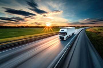 Truck Driving on a Highway at Sunset