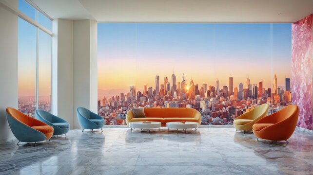 Modern colorful interior space large window left side office lof