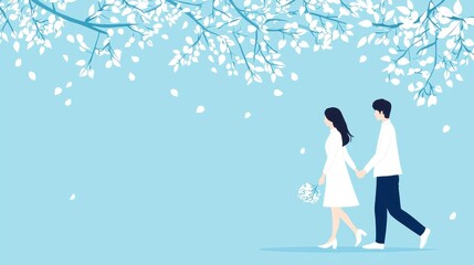 Obraz premium Couple Walking Under a Tree with Falling Flowers