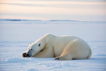 Fototapeta premium Polar Bear Sleeping on Snowy Landscape in Peaceful Winter Scene