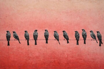 Painting group birds sitting wire background gradient pink Impre