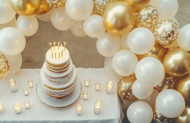An elegant birthday party background featuring gold and white balloons, a table with a tiered cake, and candles adding a soft glow