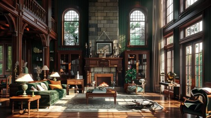 Obraz premium Grand classic style living room with dark green stone walls and fireplace AI generated image
