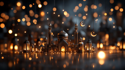 Obraz premium A mystical cityscape illuminated by twinkling lights and crescent moons, creating a serene and enchanting evening atmosphere.