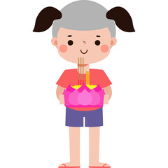loy krathong festival kid traditional costume and krathong cutye cartoon character flat illustration