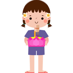 loy krathong festival kid traditional costume and krathong cutye cartoon character flat illustration