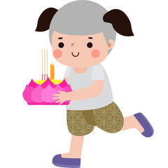 loy krathong festival kid traditional costume and krathong cutye cartoon character flat illustration