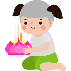 loy krathong festival kid traditional costume and krathong cutye cartoon character flat illustration