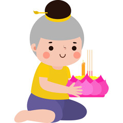 loy krathong festival kid traditional costume and krathong cutye cartoon character flat illustration