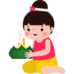 loy krathong festival kid traditional costume and krathong cutye cartoon character flat illustration