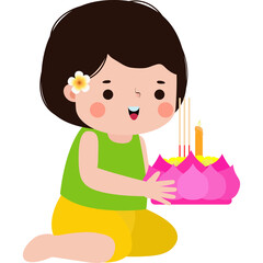 loy krathong festival kid traditional costume and krathong cutye cartoon character flat illustration