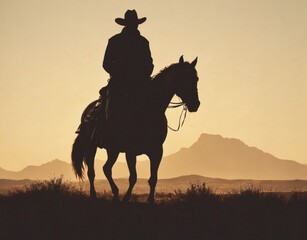 Silhouette cowboy riding horse desert landscape wearing hat PNG