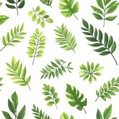 Fototapeta premium Vibrant Seamless Pattern with Fresh and Lush Natural Leaves on Crisp White Background