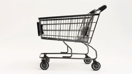 Close-up of a supermarket grocery cart with black wheels on a clean white background, perfect for retail marketing, e-commerce promotions, and shopping concepts highlighting modern consumerism and eve