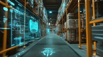 Obraz premium A modern warehouse with holographic displays showing inventory management data.