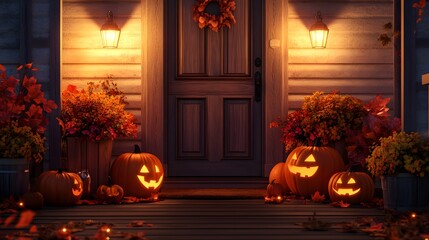 Obraz premium Halloween Porch Decor with Jack O Lanterns and Fall Foliage