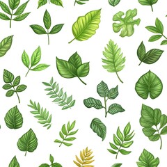 Seamless Pattern of Vibrant Green Leaves on a White Background