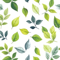 Obraz premium Seamless Botanical Pattern with Fresh Green Leaves on White Background